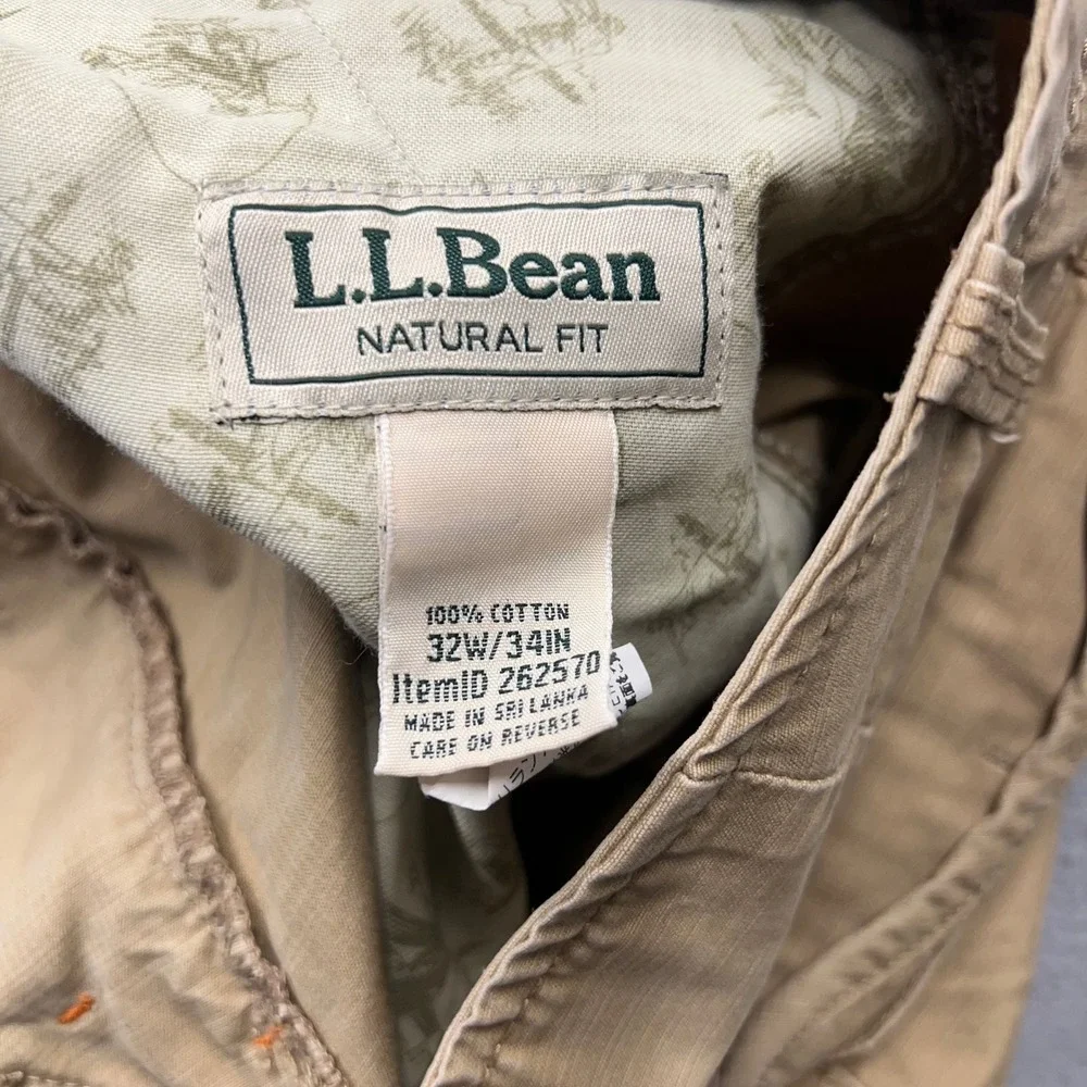 LL Bean Cargo Pants Mens 32W 34L Khaki Tan Natural Fit Cotton Utility 262570